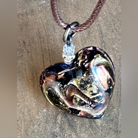 Heart Pendant Necklace Puffy Blown Art Glass Metallic Brown 16-18’ Chain 5518 G - Picture 1 of 10